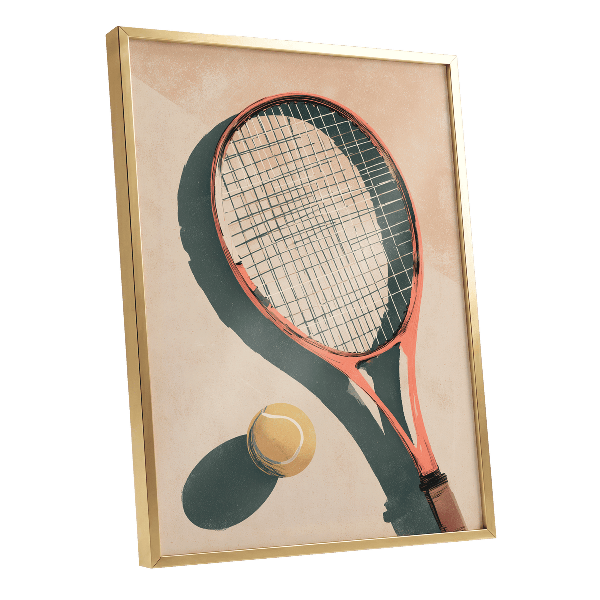 Baseline Shadows, beige, red, green minimalist wall art shown as a gold framed poster wall art print