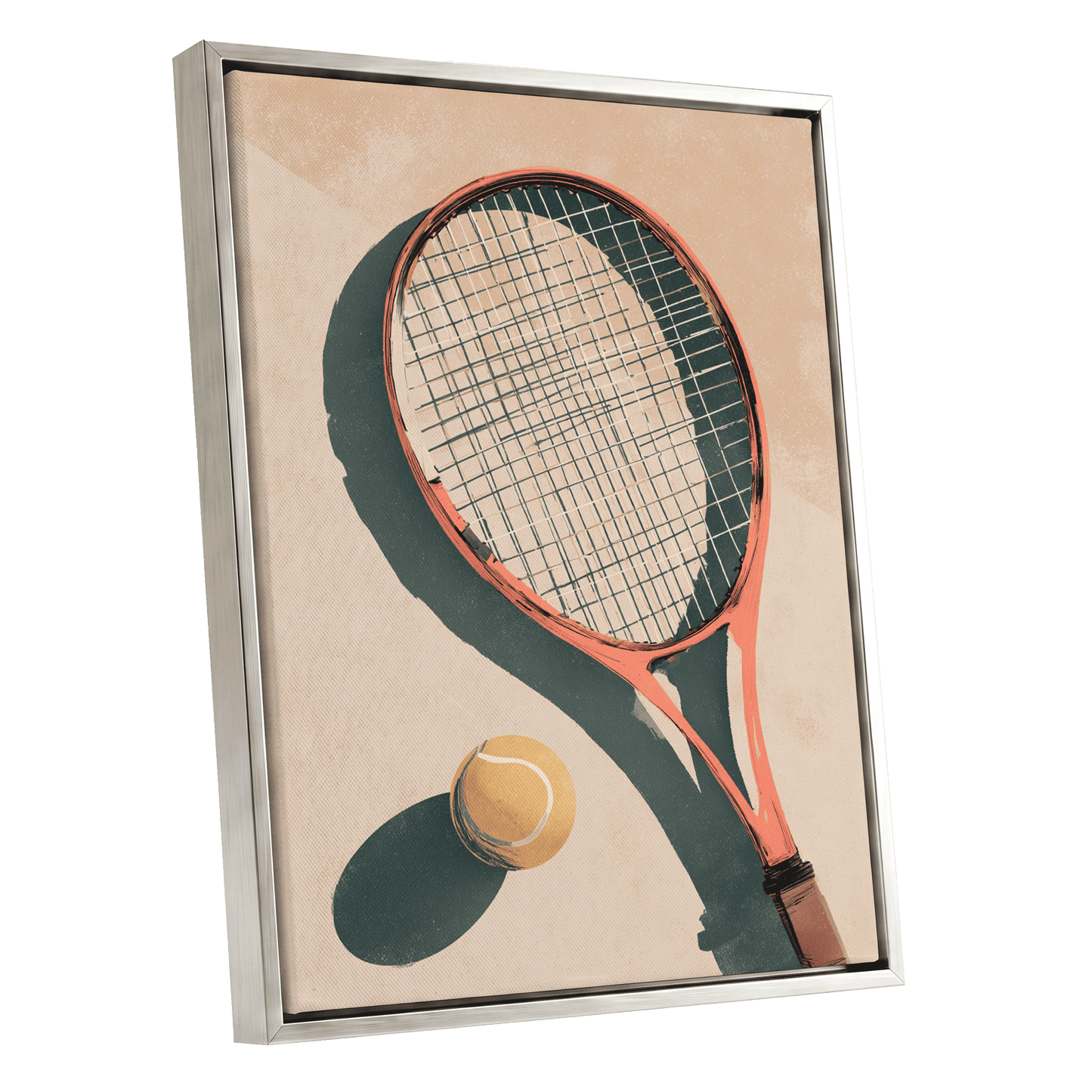 Baseline Shadows, beige, red, green minimalist wall art shown as a silver framed canvas wall art