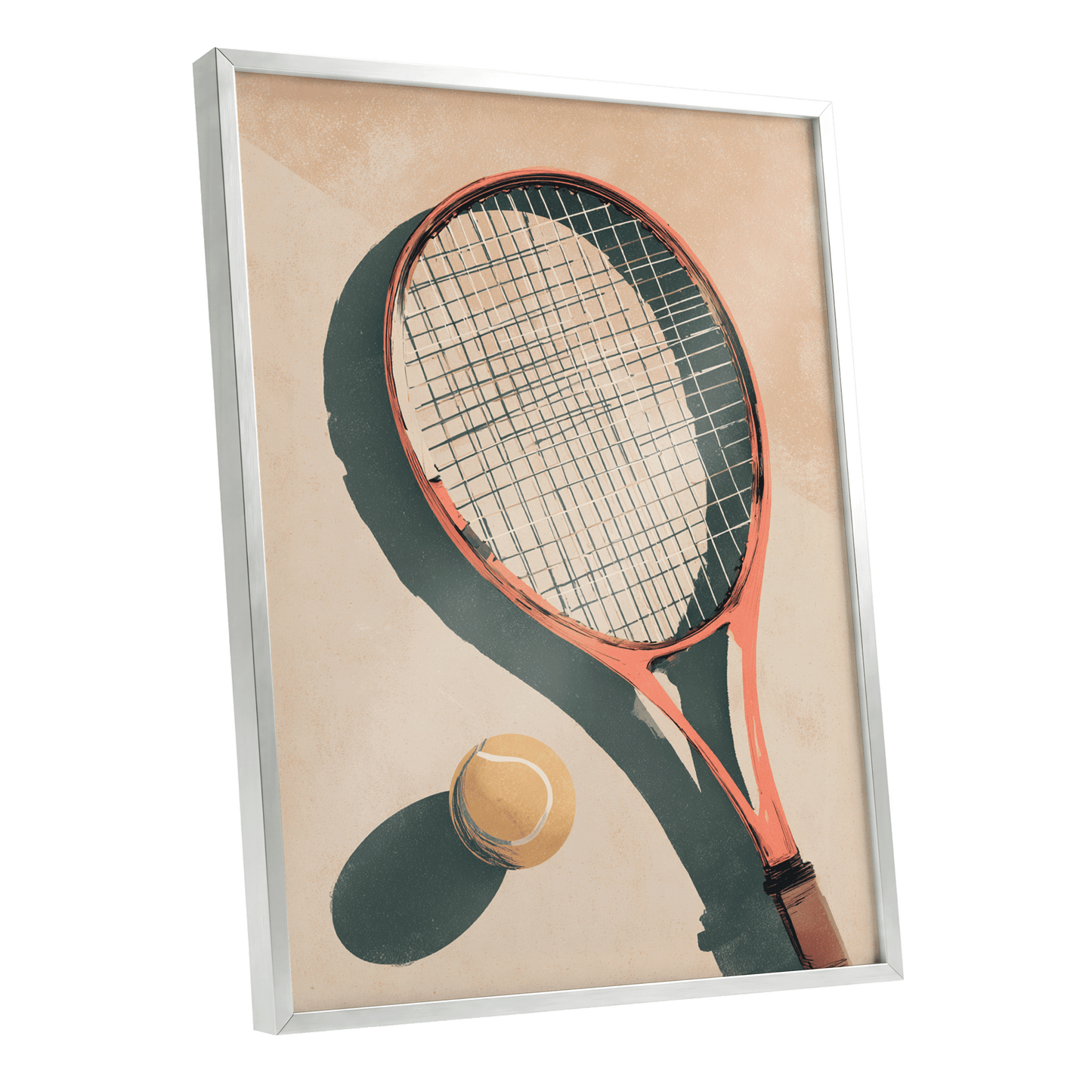 Baseline Shadows, beige, red, green minimalist wall art shown as a silver framed poster wall art print