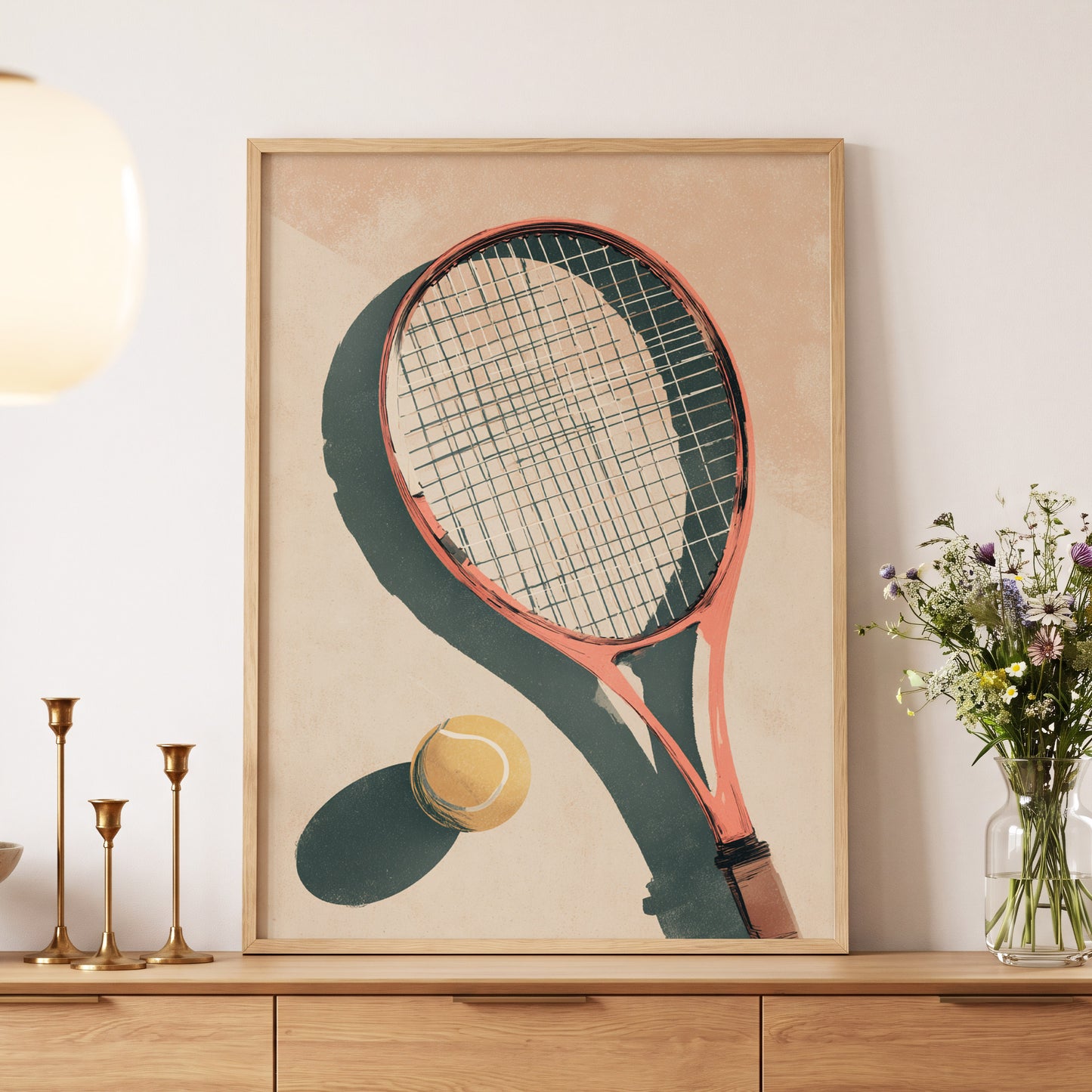 Baseline Shadows, beige, red, green minimalist wall art displayed in a styled interior, gallery view 5