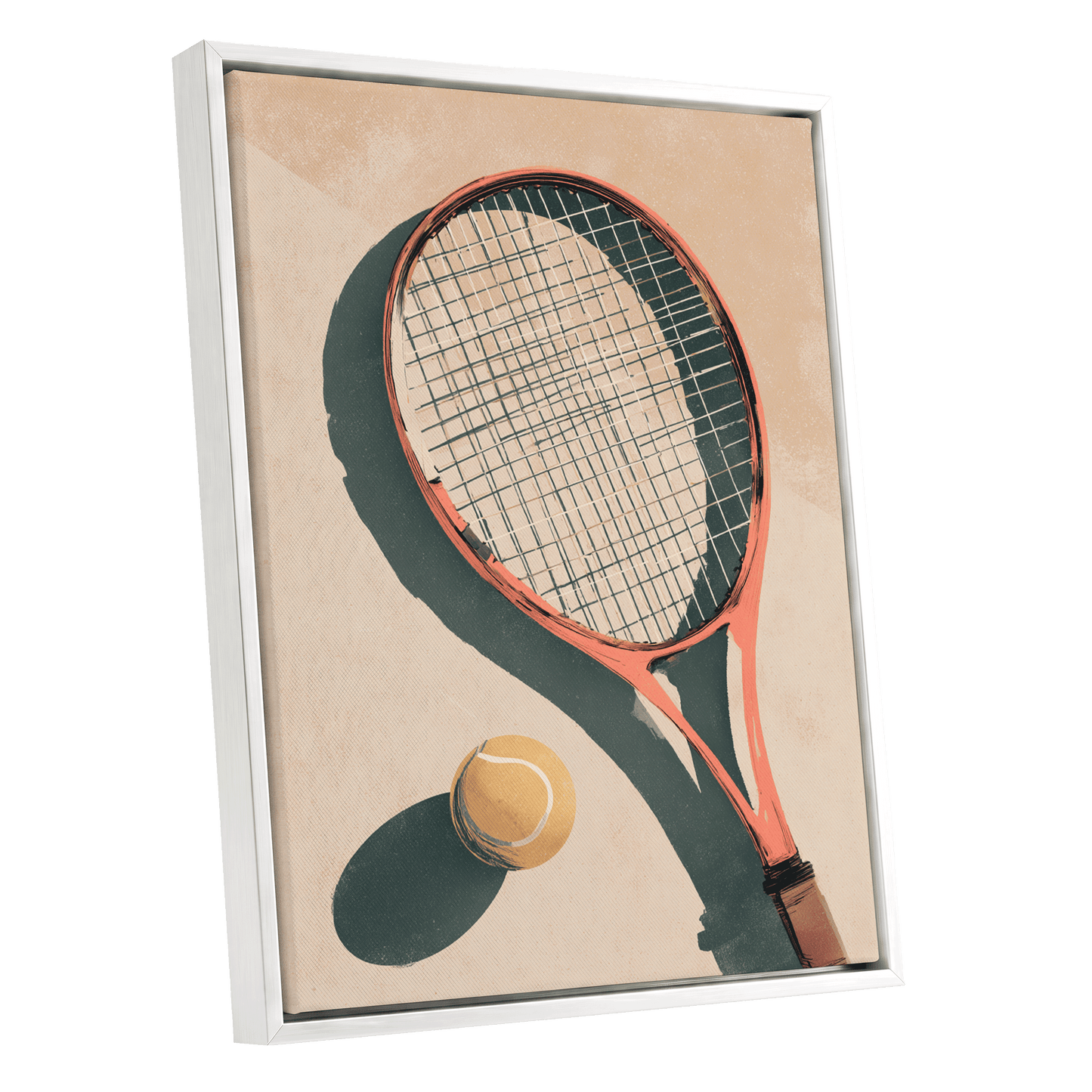 Baseline Shadows, beige, red, green minimalist wall art shown as a white framed canvas wall art