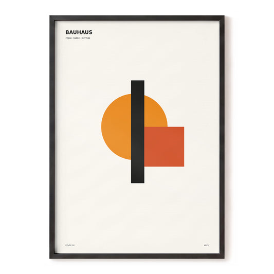 Bauhaus Axis, orange, black, beige minimalist wall art, front artwork view