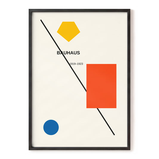 Bauhaus Balance, beige, black, orange minimalist wall art, front artwork view
