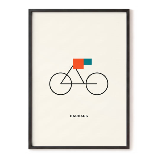 Bauhaus Bicycle, beige, black, orange minimalist wall art, front artwork view