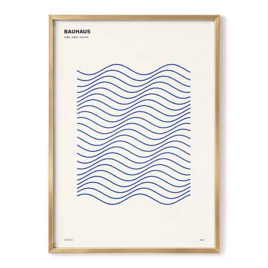 Bauhaus Blue Rhythm, beige, blue, black minimalist wall art, front artwork view