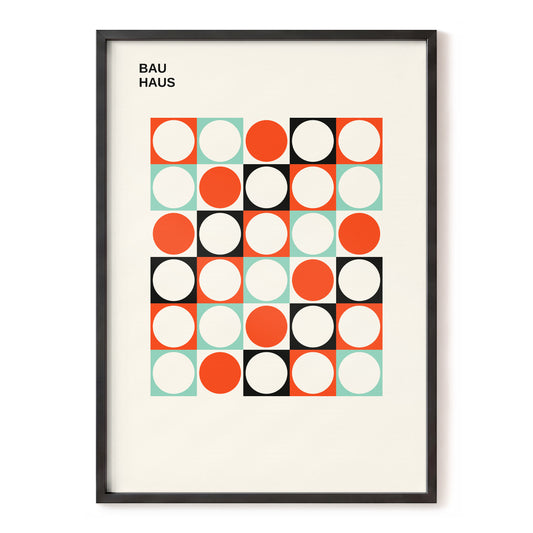 Bauhaus Circle Rhythm, beige, orange, green minimalist wall art, front artwork view