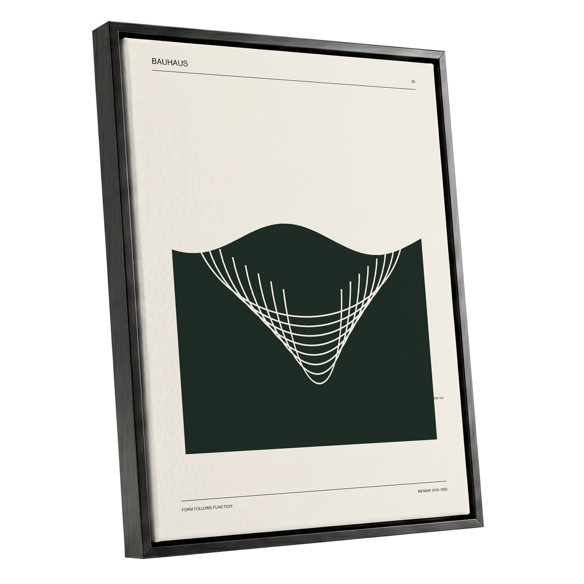 Bauhaus Curve Study, green, beige, white minimalist wall art shown as a black framed canvas wall art