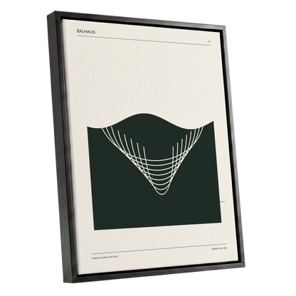 Bauhaus Curve Study, green, beige, white minimalist wall art shown as a black framed canvas wall art