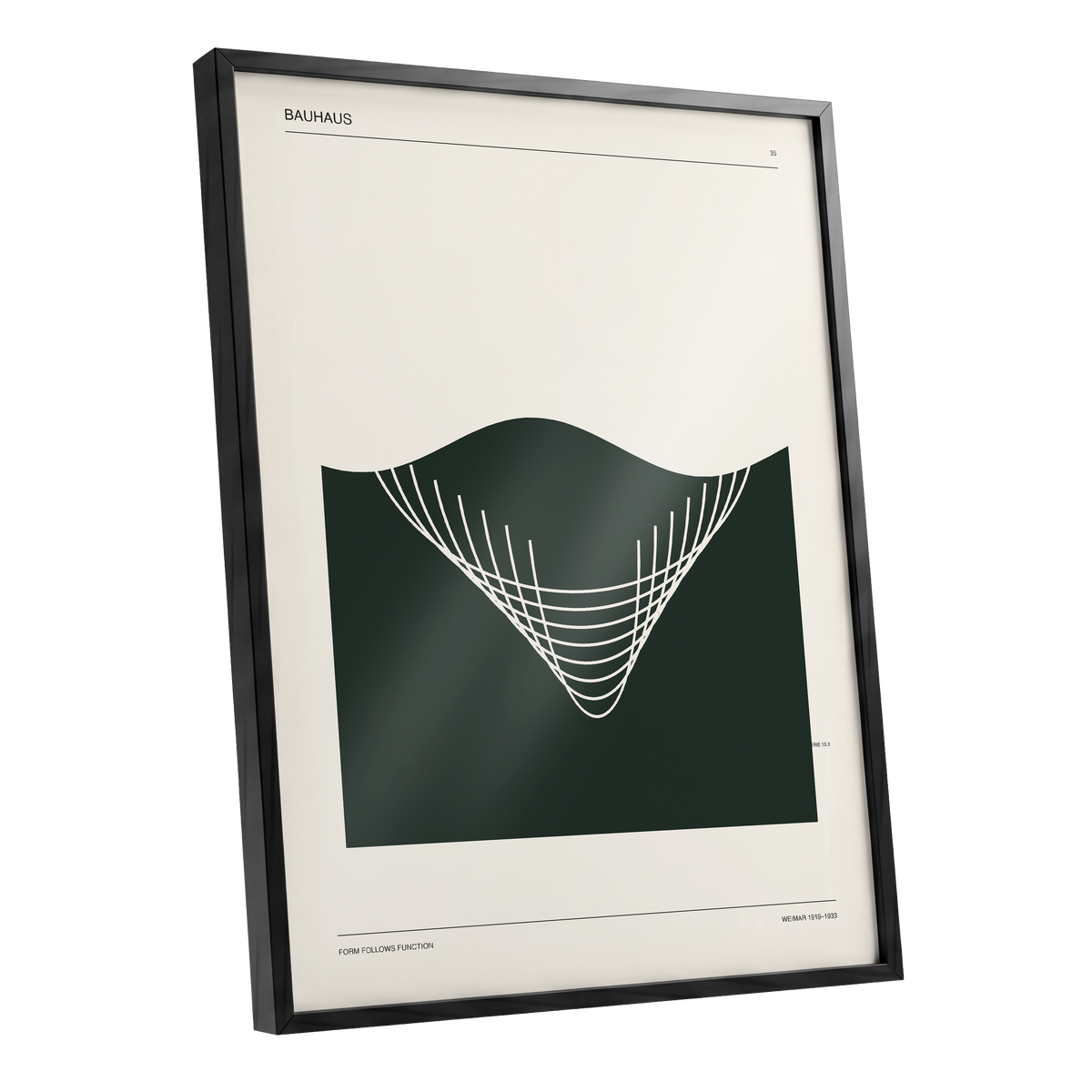 Bauhaus Curve Study, green, beige, white minimalist wall art shown as a black framed poster wall art print