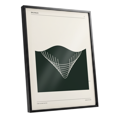 Bauhaus Curve Study, green, beige, white minimalist wall art shown as a black framed poster wall art print