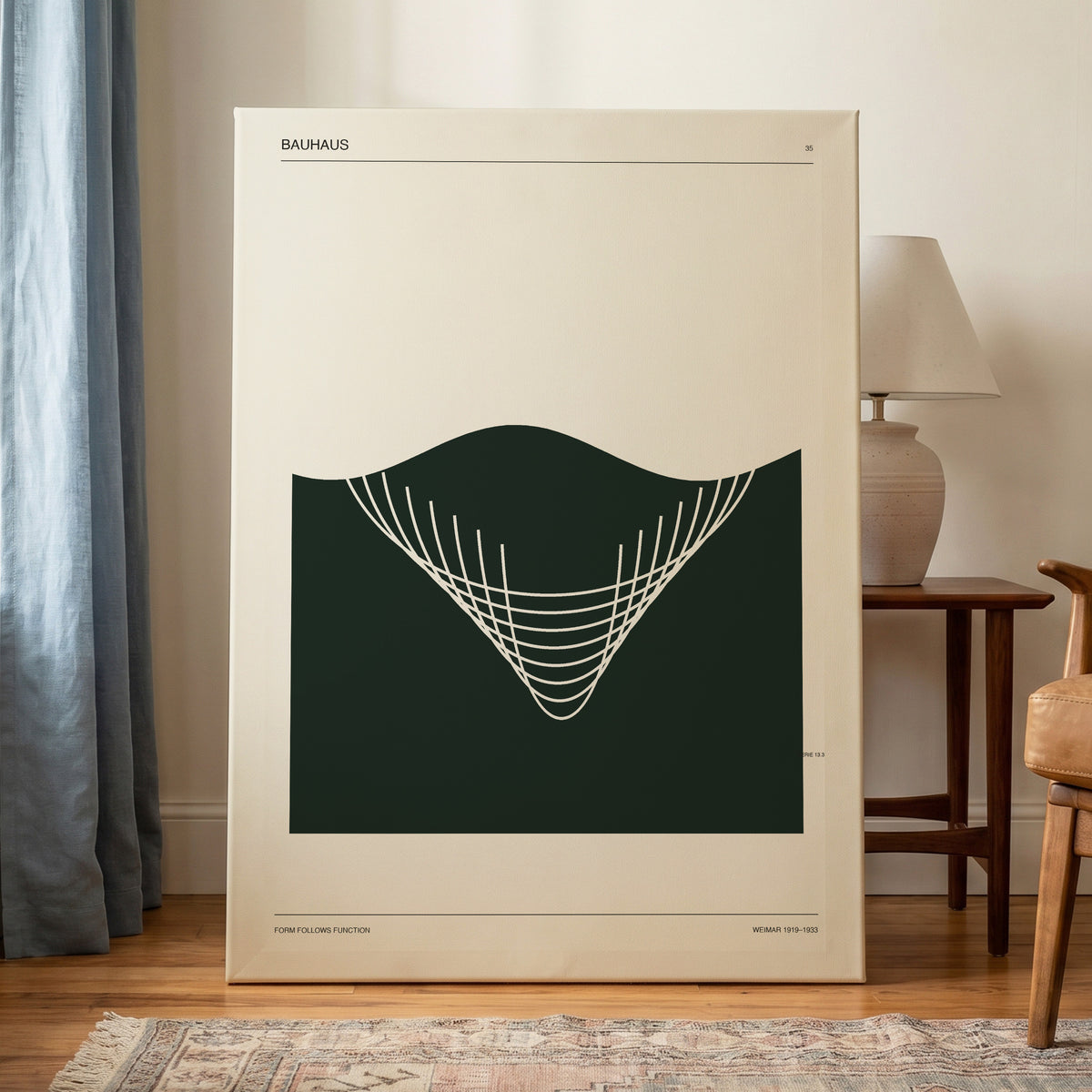 Bauhaus Curve Study, green, beige, white minimalist wall art on canvas displayed in a styled interior, gallery view 1