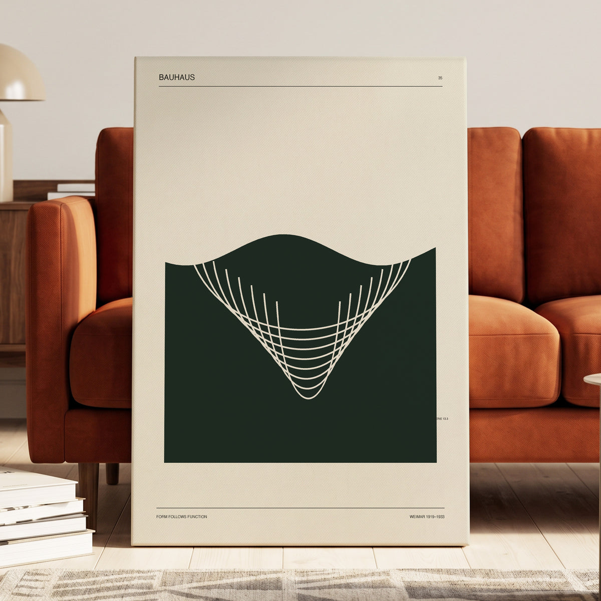 Bauhaus Curve Study, green, beige, white minimalist wall art on canvas displayed in a styled interior, gallery view 2