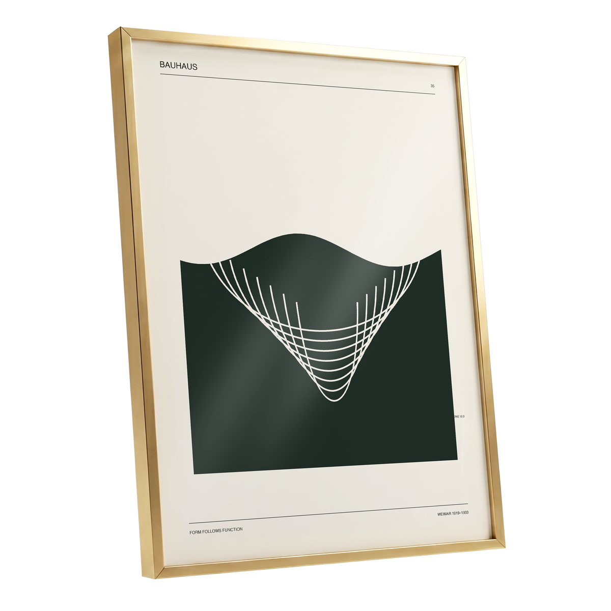 Bauhaus Curve Study, green, beige, white minimalist wall art shown as a gold framed poster wall art print