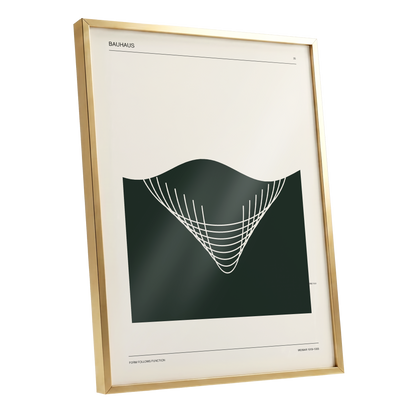 Bauhaus Curve Study, green, beige, white minimalist wall art shown as a gold framed poster wall art print