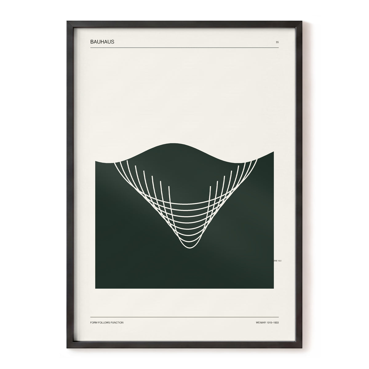 Bauhaus Curve Study, green, beige, white minimalist wall art, front artwork view