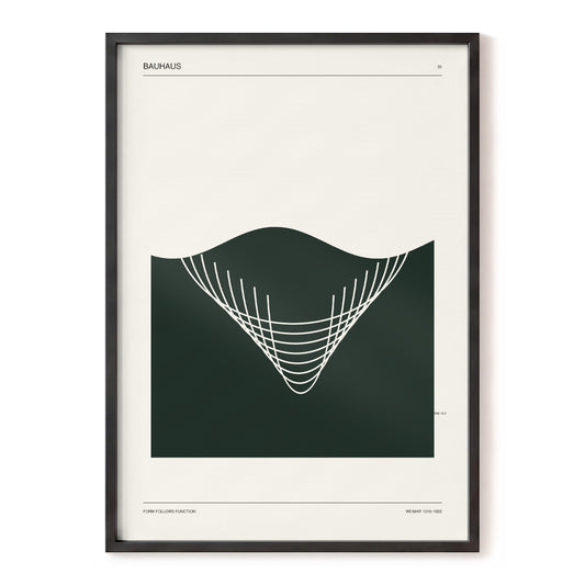 Bauhaus Curve Study, green, beige, white minimalist wall art, front artwork view