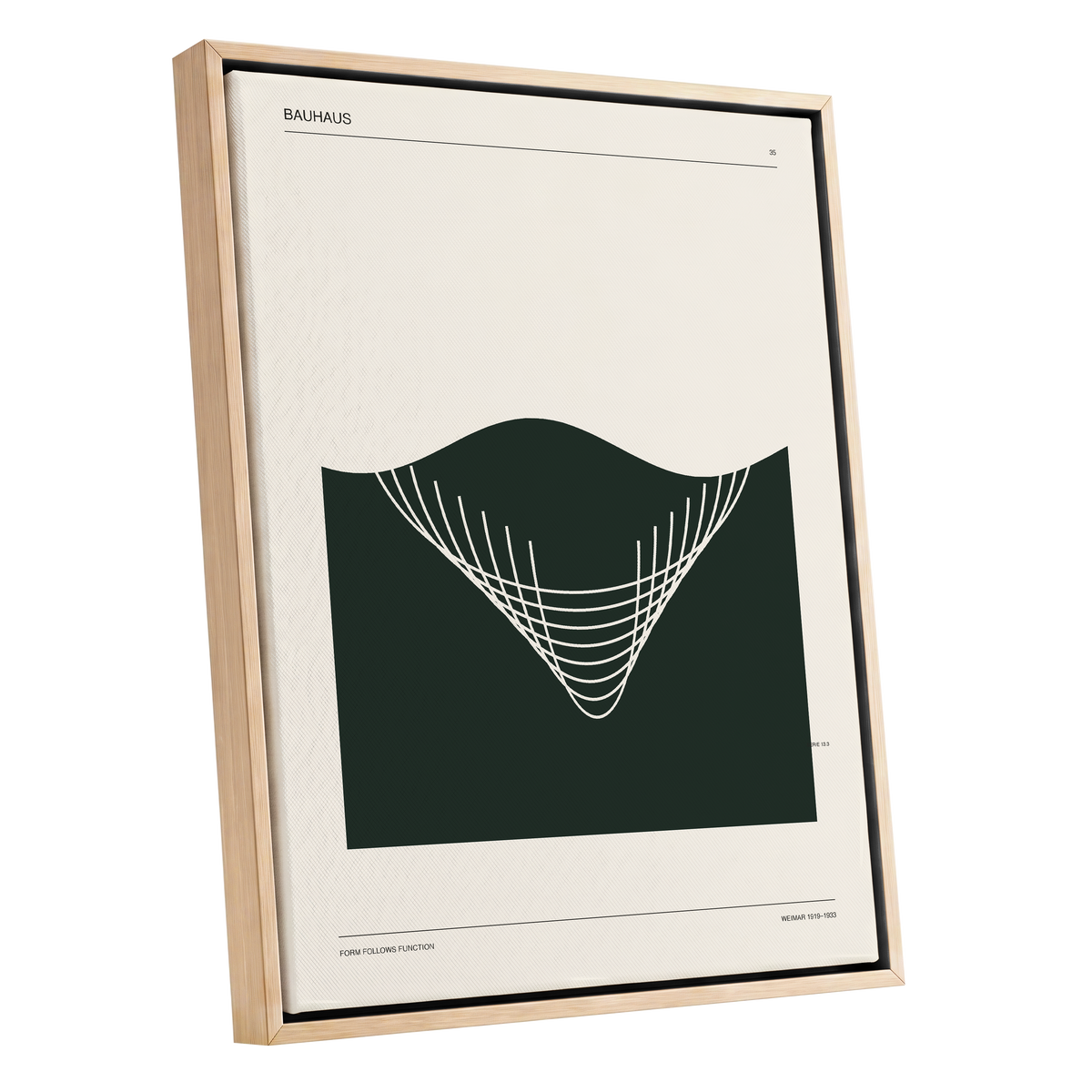 Bauhaus Curve Study, green, beige, white minimalist wall art shown as a oak framed canvas wall art