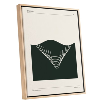 Bauhaus Curve Study, green, beige, white minimalist wall art shown as a oak framed canvas wall art