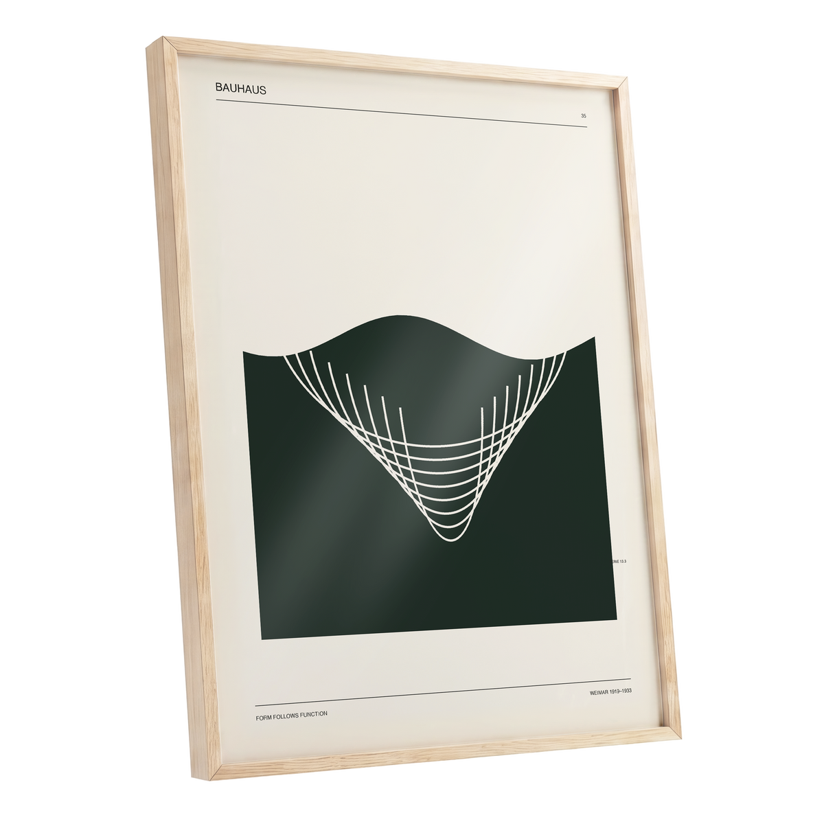 Bauhaus Curve Study, green, beige, white minimalist wall art shown as a oak framed poster wall art print