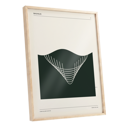 Bauhaus Curve Study, green, beige, white minimalist wall art shown as a oak framed poster wall art print
