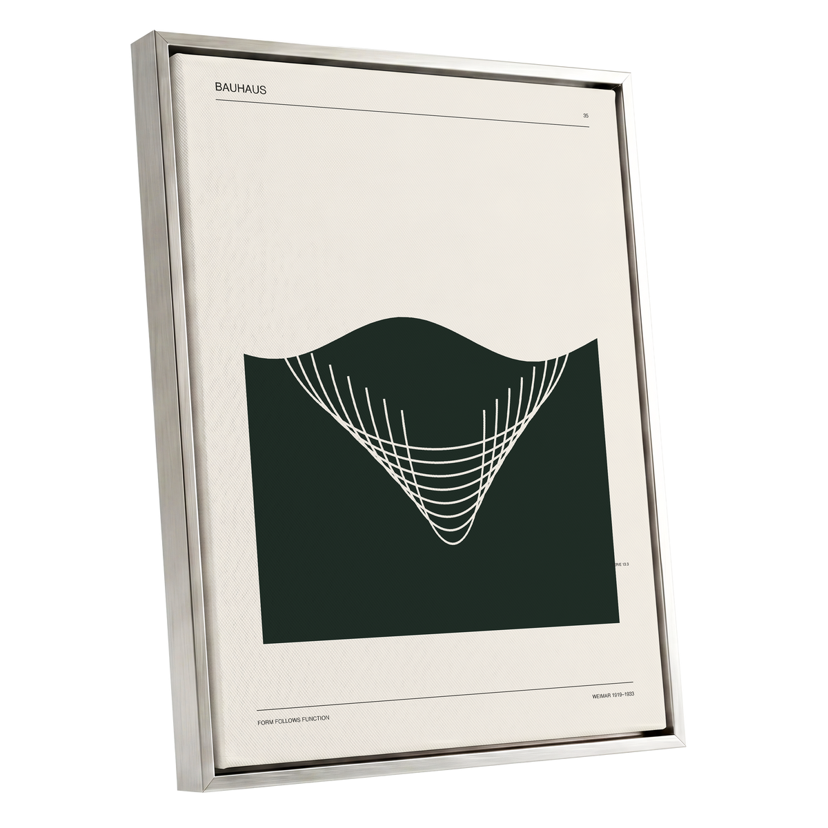 Bauhaus Curve Study, green, beige, white minimalist wall art shown as a silver framed canvas wall art