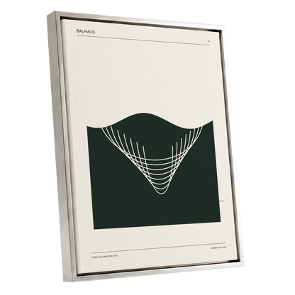 Bauhaus Curve Study, green, beige, white minimalist wall art shown as a silver framed canvas wall art