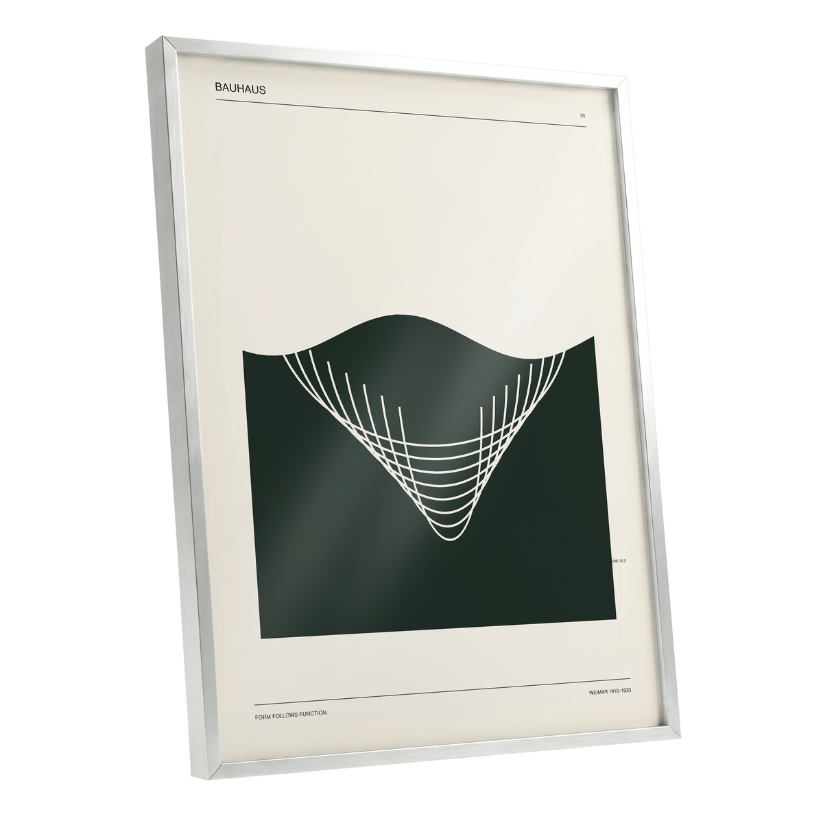 Bauhaus Curve Study, green, beige, white minimalist wall art shown as a silver framed poster wall art print