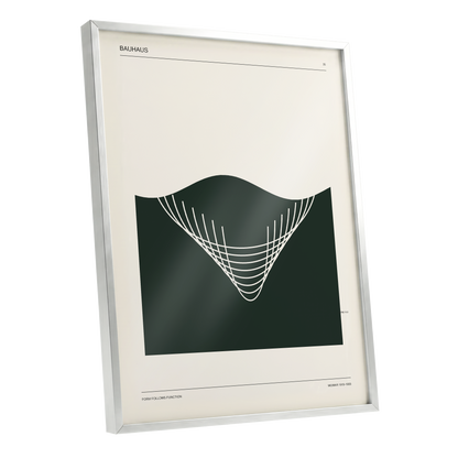 Bauhaus Curve Study, green, beige, white minimalist wall art shown as a silver framed poster wall art print