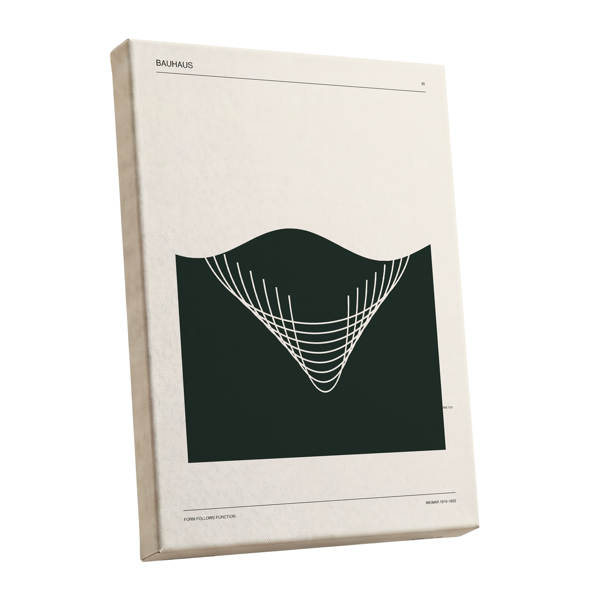 Bauhaus Curve Study, green, beige, white minimalist wall art shown as a stretched canvas wall art