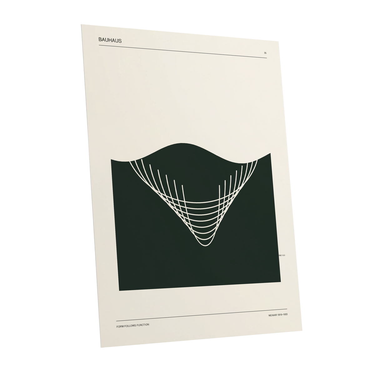 Bauhaus Curve Study, green, beige, white minimalist wall art shown as a unframed poster wall art print