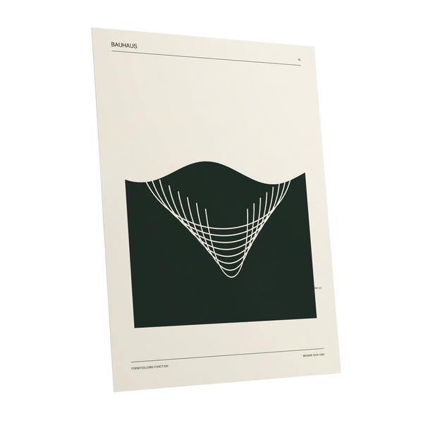 Bauhaus Curve Study, green, beige, white minimalist wall art shown as a unframed poster wall art print