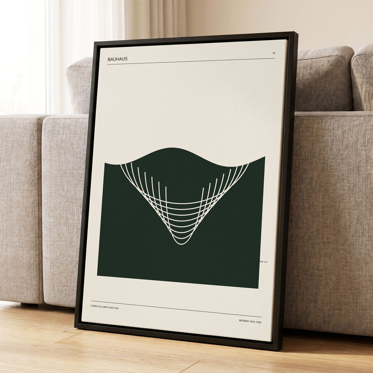 Bauhaus Curve Study, green, beige, white minimalist wall art displayed in a styled interior, gallery view 1