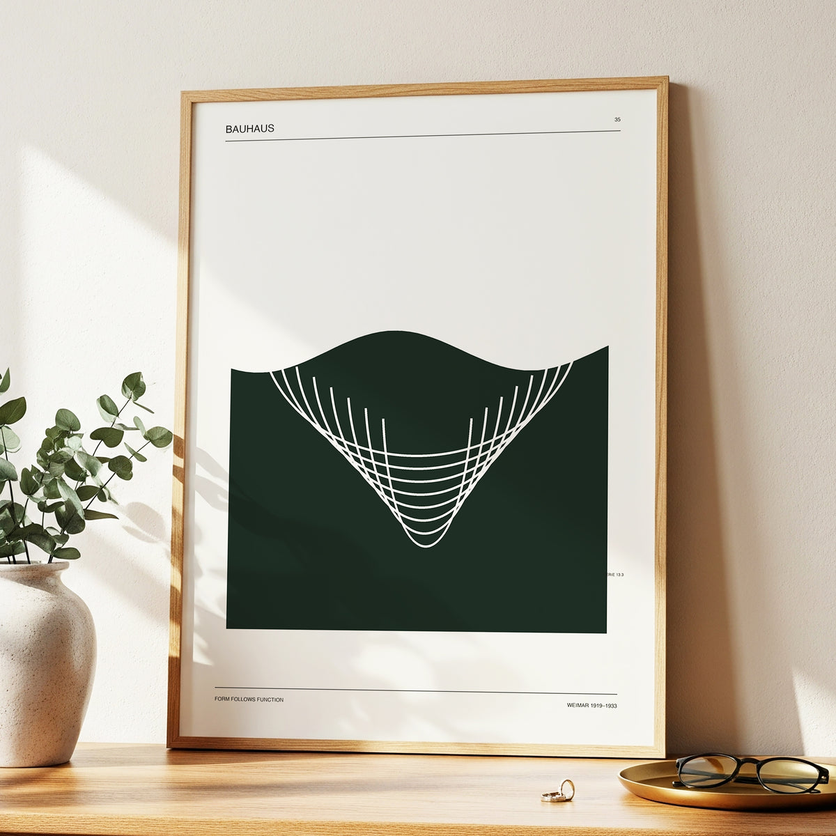 Bauhaus Curve Study, green, beige, white minimalist wall art displayed in a styled interior, gallery view 2