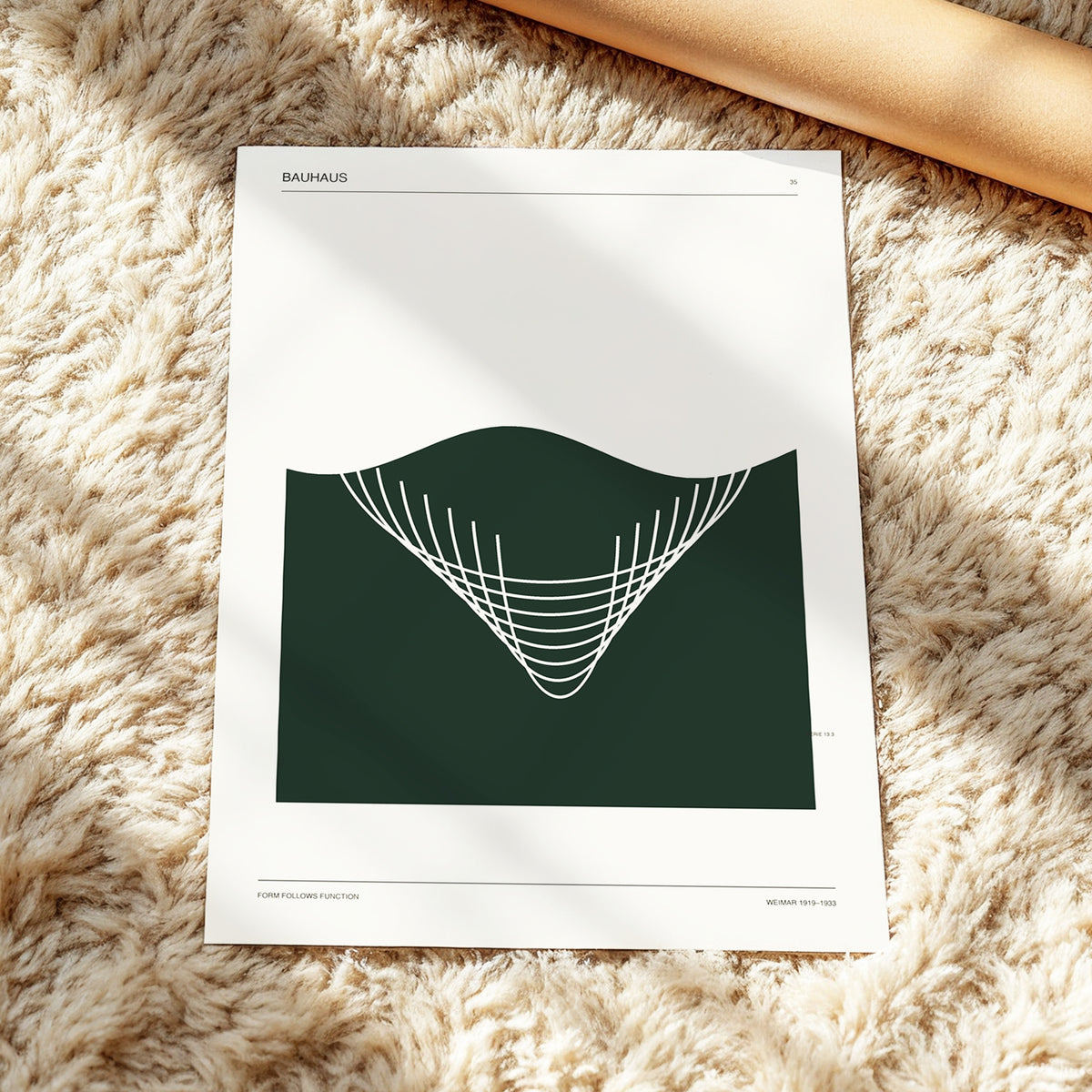 Bauhaus Curve Study, green, beige, white minimalist wall art displayed in a styled interior, gallery view 3