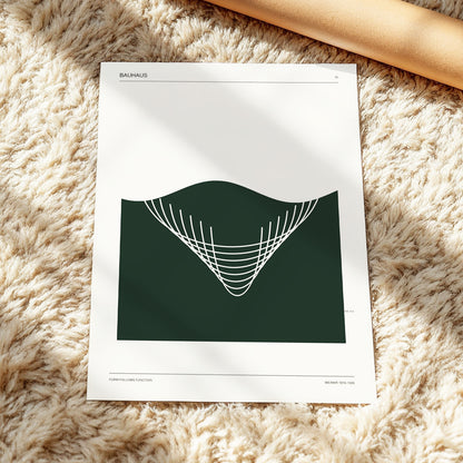 Bauhaus Curve Study, green, beige, white minimalist wall art displayed in a styled interior, gallery view 3