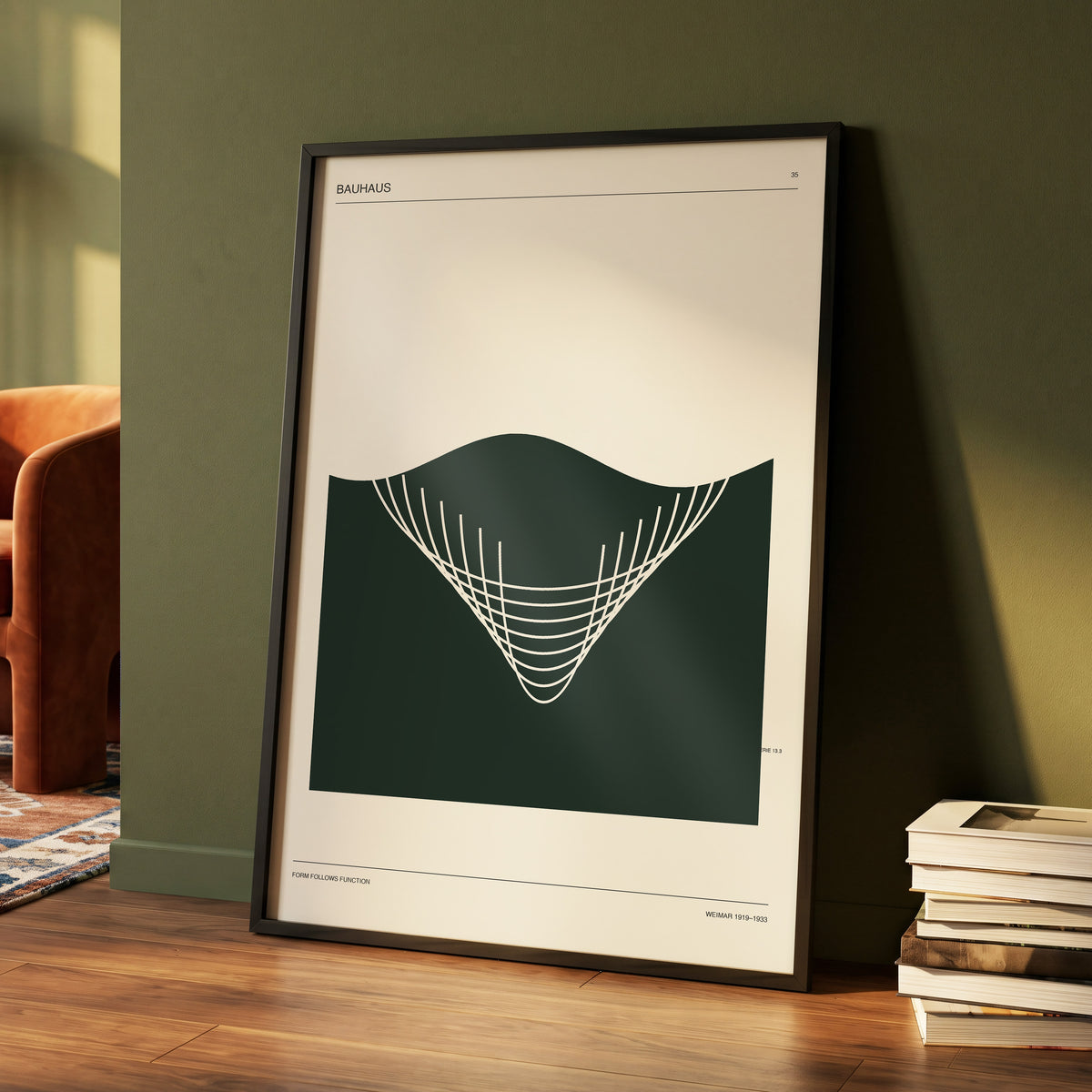 Bauhaus Curve Study, green, beige, white minimalist wall art displayed in a styled interior, gallery view 4