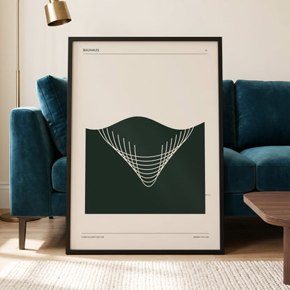 Bauhaus Curve Study, green, beige, white minimalist wall art displayed in a styled interior, gallery view 5