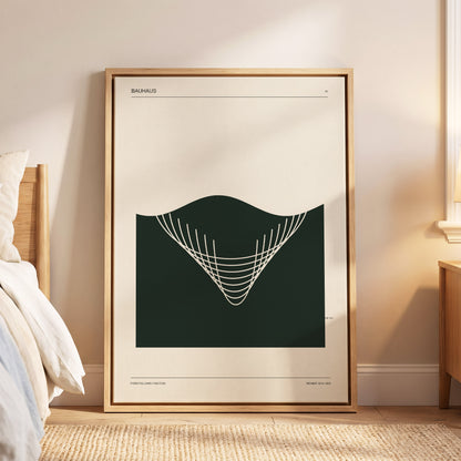Bauhaus Curve Study, green, beige, white minimalist wall art displayed in a styled interior, gallery view 6
