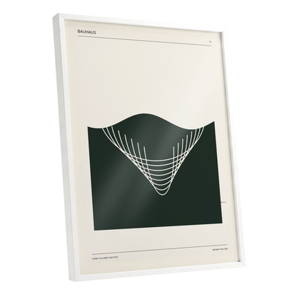Bauhaus Curve Study, green, beige, white minimalist wall art shown as a white framed poster wall art print