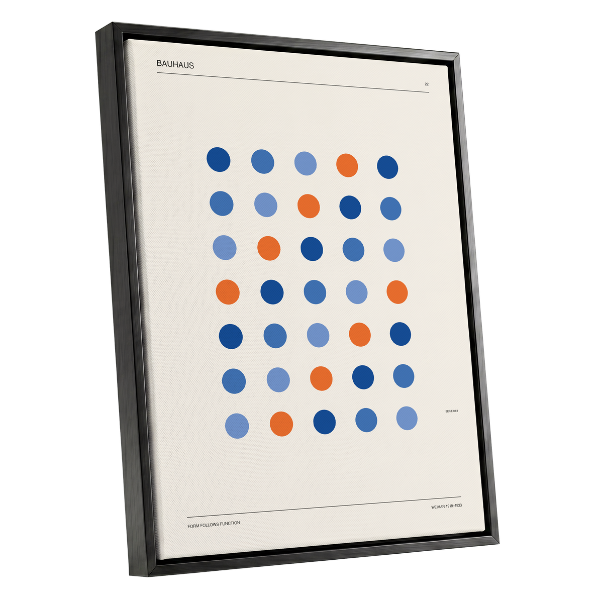 Bauhaus Dot Rhythm, beige, blue, orange minimalist wall art shown as a black framed canvas wall art