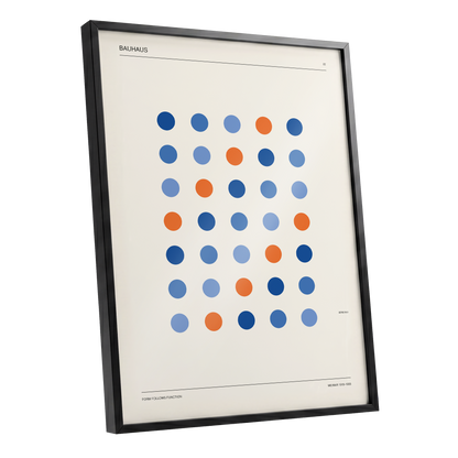 Bauhaus Dot Rhythm, beige, blue, orange minimalist wall art shown as a black framed poster wall art print