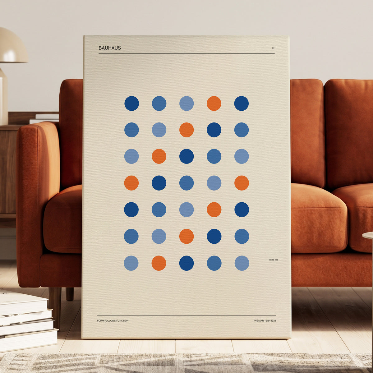 Bauhaus Dot Rhythm, beige, blue, orange minimalist wall art on canvas displayed in a styled interior, gallery view 1