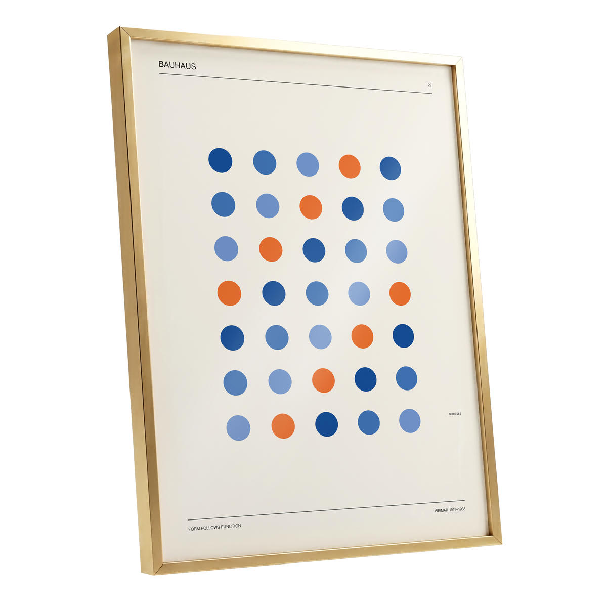 Bauhaus Dot Rhythm, beige, blue, orange minimalist wall art shown as a gold framed poster wall art print