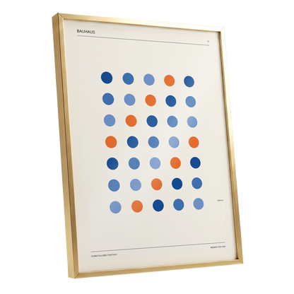 Bauhaus Dot Rhythm, beige, blue, orange minimalist wall art shown as a gold framed poster wall art print