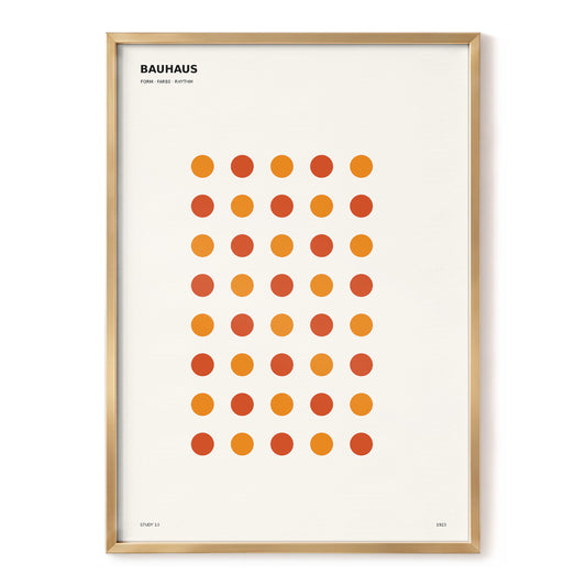 Bauhaus Dot Rhythm, beige, orange, red minimalist wall art, front artwork view