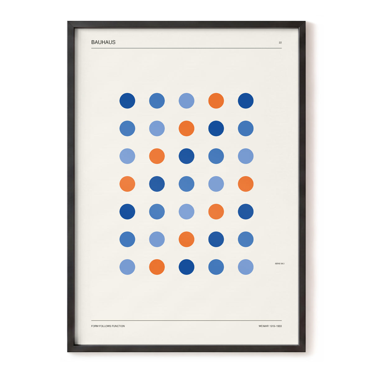 Bauhaus Dot Rhythm, beige, blue, orange minimalist wall art, front artwork view