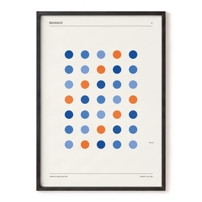 Bauhaus Dot Rhythm, beige, blue, orange minimalist wall art, front artwork view