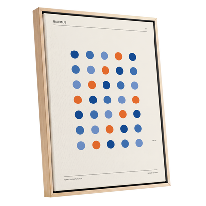 Bauhaus Dot Rhythm, beige, blue, orange minimalist wall art shown as a oak framed canvas wall art