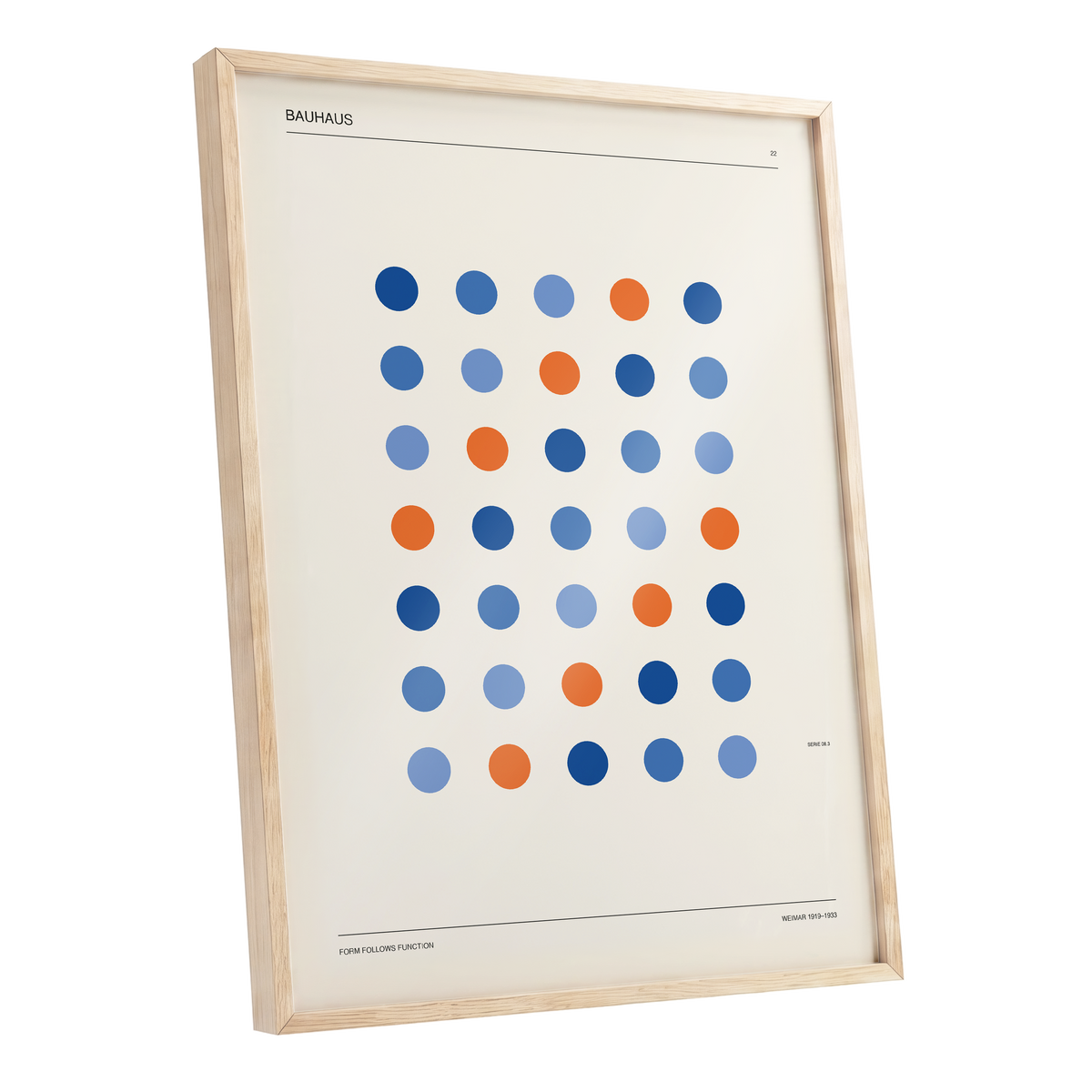 Bauhaus Dot Rhythm, beige, blue, orange minimalist wall art shown as a oak framed poster wall art print