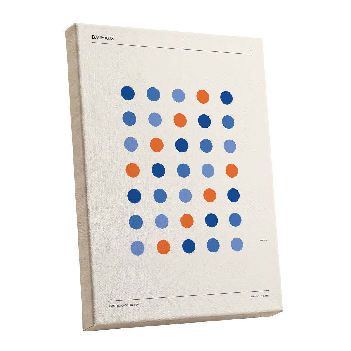 Bauhaus Dot Rhythm, beige, blue, orange minimalist wall art shown as a stretched canvas wall art